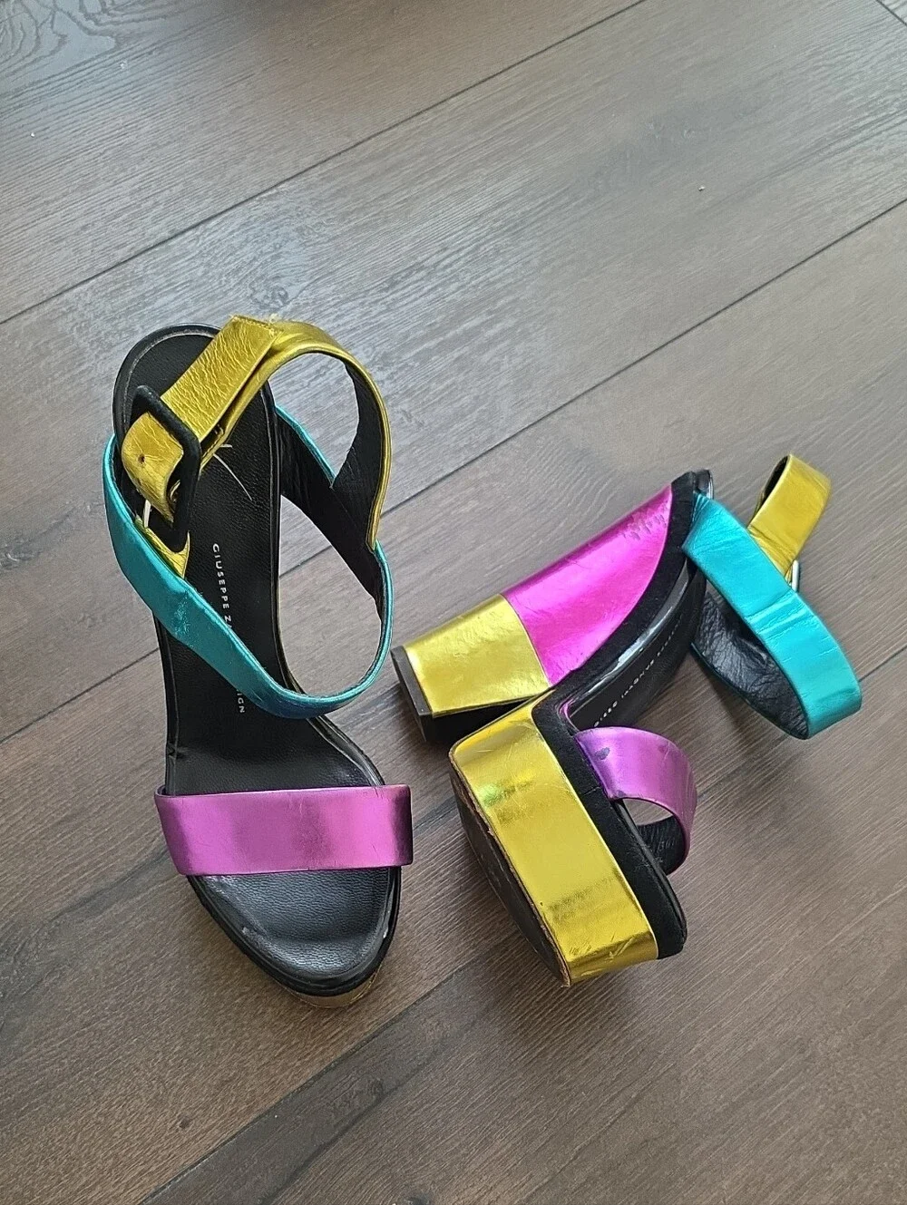 Giuseppe Zanotti metallic color block leather platform wedge sandals